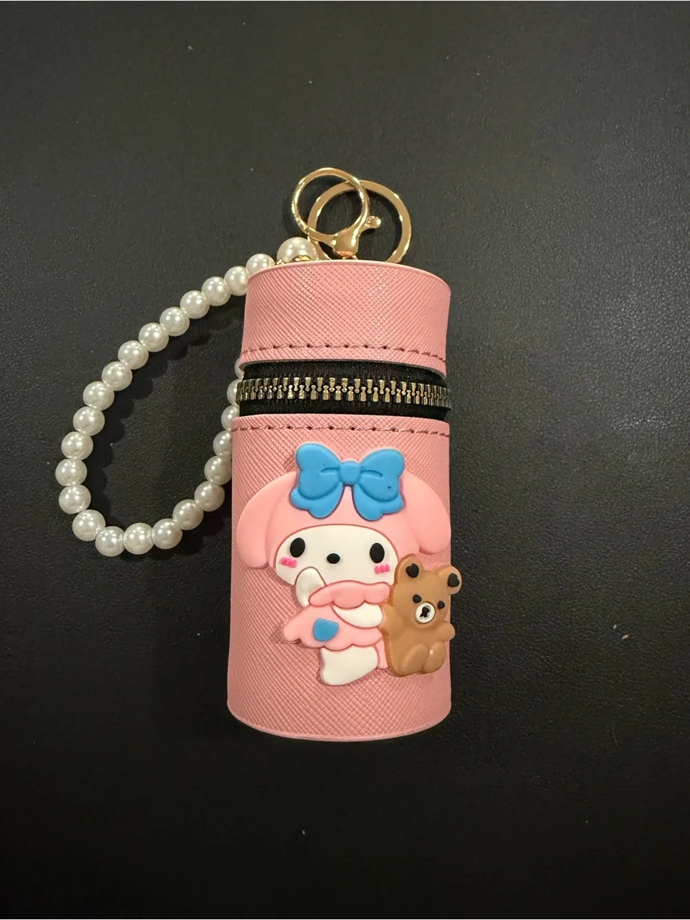 Pink Kids Keychain Lip Balm Case with Pearl Strap